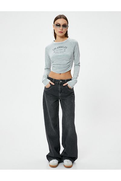 Koton Crop Long Sleeve T-Shirt College Printed Drape Detailed Cotton