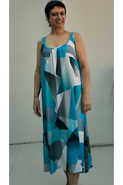 Mertcan Butik Blue Black and White Printed Front and Back Drawstring Combed Cotton Viscose Dress