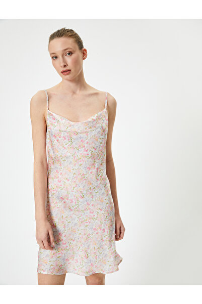 Koton Cămașă de noapte florală cu guler Degaje din satin cu bretele