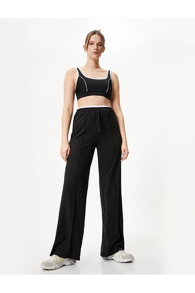 Koton Pantaloni de sport cu picior lat, cu nervuri, talie înaltă, culoare contrastantă, în talie