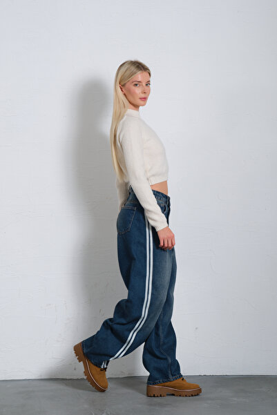 Maule High Waist Blue Baggy Denim - Women's Jeans with Side Strips @Barrel