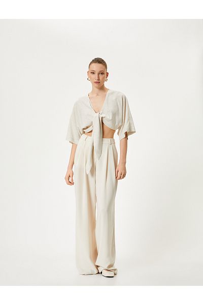 Koton Viscose Short Sleeve Front Tie Crop Blouse