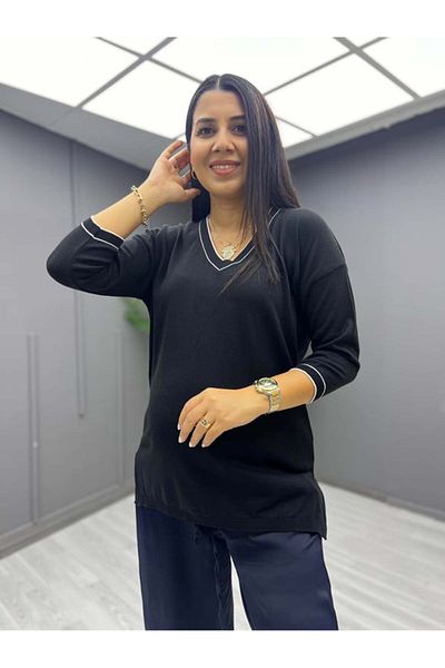zunop Γυναικεία πλεκτή μπλούζα με ριγέ V λαιμόκοψη