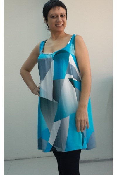 Mertcan Butik Blue Black and White Printed T-Shirt with Drawstring Straps on the Front and Back, Combed Cotton Viscose