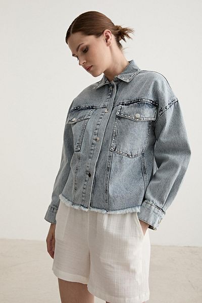 CreativeStyle Jachetă de blugi de damă cu buzunare cu ornamente de piatră - tiv cu ciucuri