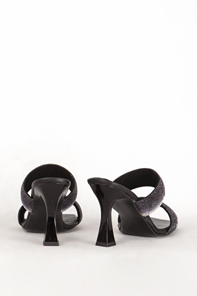 Dericlub Γυναικείο βραδινό φόρεμα με πέτρινη λεπτομέρεια με διπλό ριγέ μαύρο γυναικείο βραδινό φόρεμα με τακούνι - Zy 7719