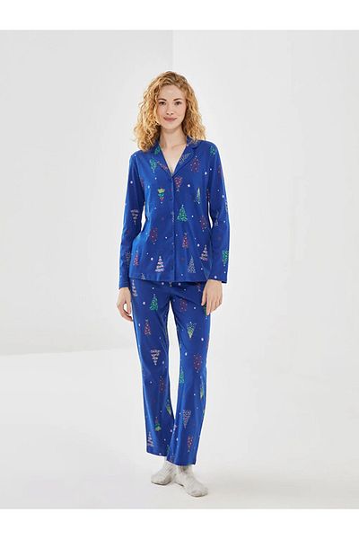 LC Waikiki Lcw Young Blue Shirt Collar Christmas Themed Women's Pajamas Set