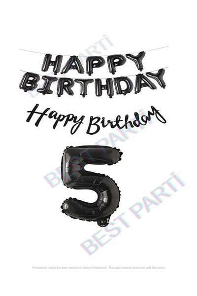 Papatya Süs Evi 5 Years Old Happy Birthday Black Balloon and Number Set - Calligraphy Banner