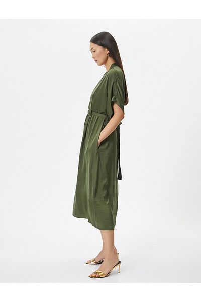 Koton Midi Dress V-Neck Wide Short Sleeve Pocket