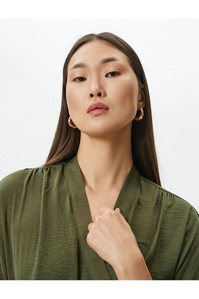 Koton Midi Dress V-Neck Wide Short Sleeve Pocket