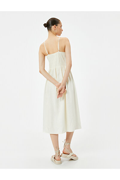 Koton Midi Keten Elbise Kruvaze Yaka Düğme Detaylı İnce Askılı