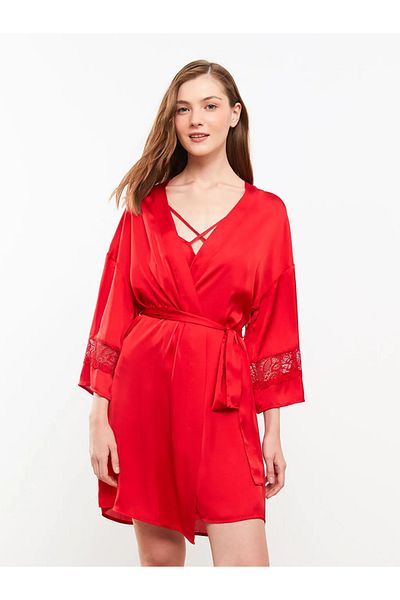 LC Waikiki LCW DREAM Rochie de damă cu mânecă lungă, cu guler șal roșu, tematică de Anul Nou