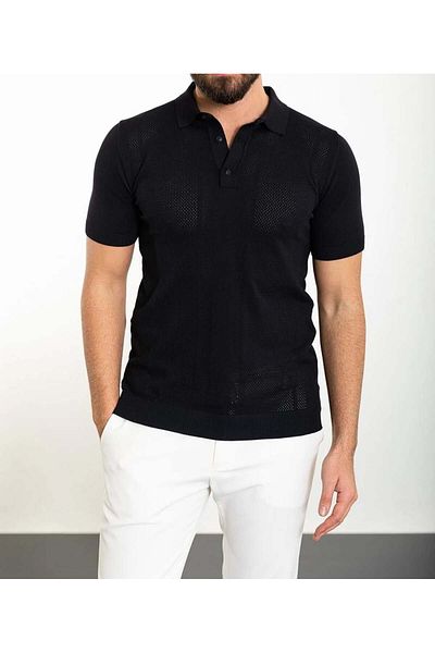 TerziAdemAltun Tricou tricotaj cu nasturi cu guler polo slim în stil italian, albastru închis T11750