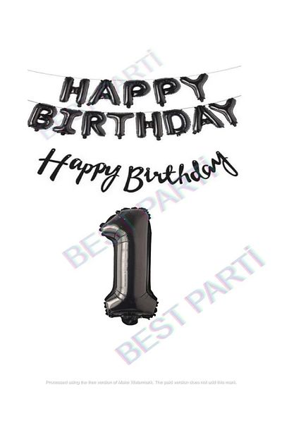 Papatya Süs Evi 1 Year Old Happy Birthday Black Balloon and Number Set - Foil Banner