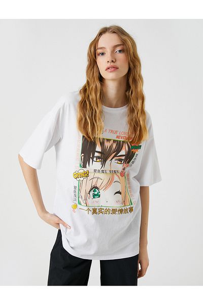 Koton Anime tričko Oversize s krátkým rukávem a výstřihem