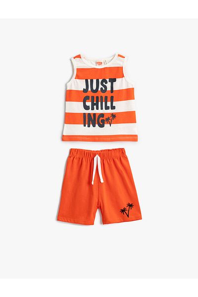 Koton Team Striped Printed Tank Top and Elastic Waist Shorts Cotton