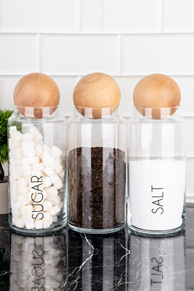 DNS HOME 1300ml Tea Candy Salt and Glass Storage Jar - 3Pcs Wooden Ball Lids with Clear Labels