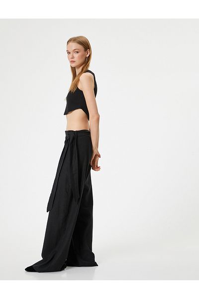 Koton Linen Blended Trousers with Wide Leg and Tie Detail