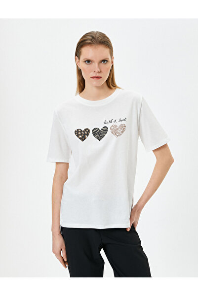 Koton Potištěné tričko s krátkým rukávem a výstřihem z bavlny