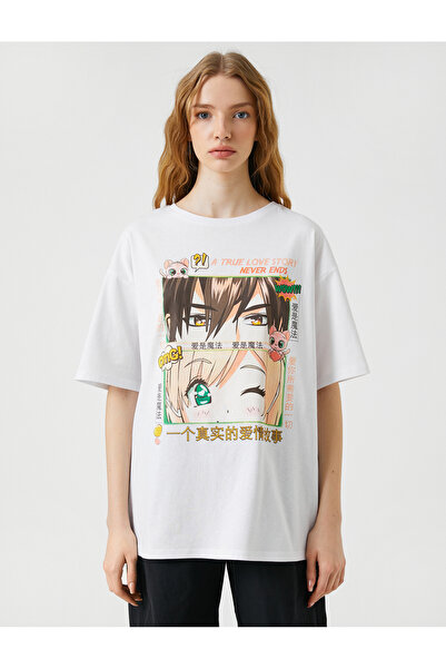 Koton Anime tričko Oversize s krátkým rukávem a výstřihem