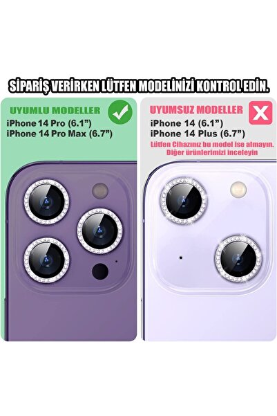 EDELFU İphone 14 Pro Max / 14 Pro Için Kamera Koruyucu Taşlı Ve Metal Lens Koruyucu Derin Mor Lens