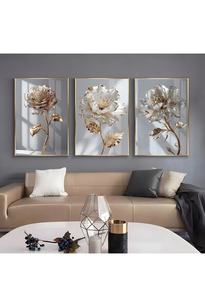 EMYA HOME Metal Çerçeveli Üçlü Gold Çiçekler Cam Tablo