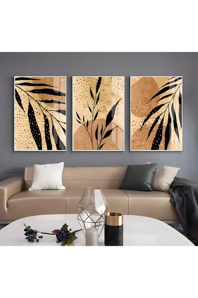 EMYA HOME Tablou din sticlă cu frunze abstracte triple cu cadru metalic