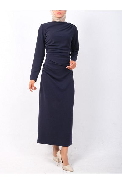 Modamorfo Boat Neck Side Drape Πλεκτό Κρεπ Φόρεμα - Ναυτικό