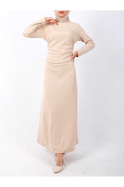 Modamorfo Μπεζ Πλεκτό Κρεπ Φόρεμα - Πλισέ στη μέση και Lycra