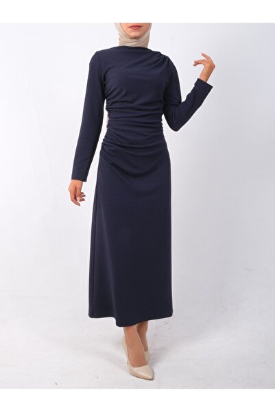 Modamorfo Kajak nyakú, oldalt drapírozott kötött krepp ruha - sötétkék