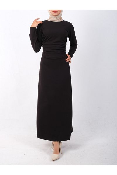 Modamorfo Gestricktes Krepp-Lycra-Kleid mit Kordelzug an der Taille – Schwarz