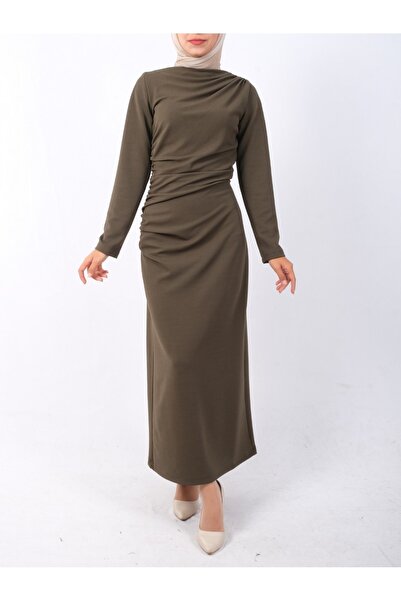 Modamorfo Boat Neck Side Drape Πλεκτό Κρεπ Φόρεμα -χακί