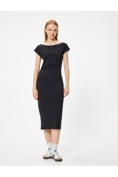 Koton Kalem Elbise Midi Boy Slim Fit Kısa Kollu Kayık Yaka