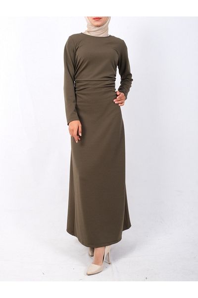 Modamorfo Gestricktes Krepp-Lycra-Kleid mit Kordelzug an der Taille – Khaki