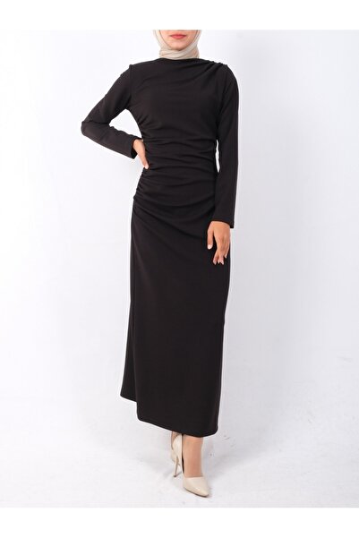 Modamorfo Kayık yaka yandan Draped örme crepe dress -black