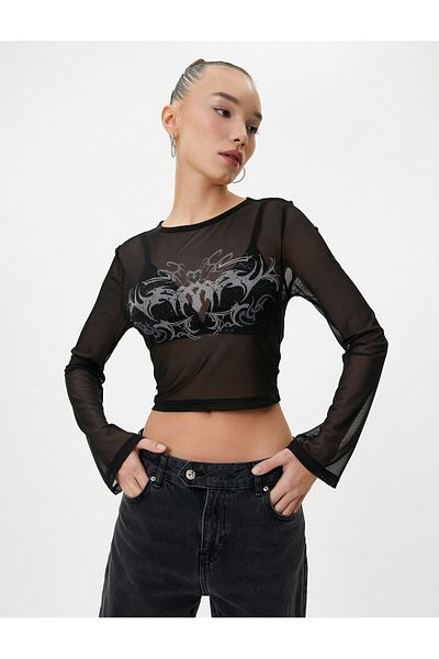 Koton Tulle Crop T-Shirt Printed Long Sleeve Crew Neck