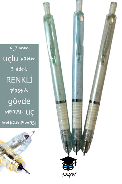 SEYFİKİRTASİYE 0.7mm Tip Pen 3 Pcs Colored Plastic Hull Metal Nib Mechanism