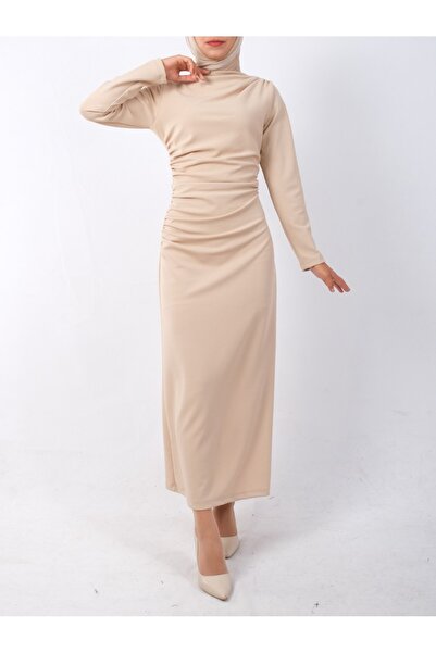 Modamorfo Φόρεμα με λαιμόκοψη και πλαϊνό πλέγμα ντραπέ - Μπεζ