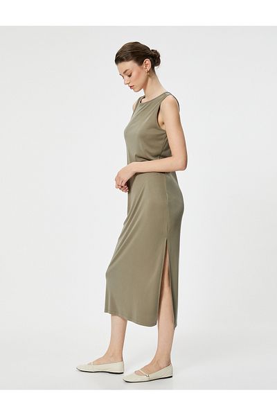 Koton Μίντι φόρεμα με λαιμόκοψη αμάνικο Modal Slim Fit