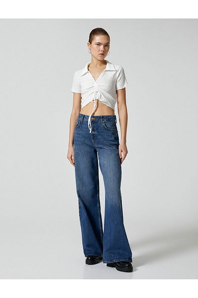 Koton Crop Polo Kragen T-Shirt Front gerafft Krawatte Strukturiert