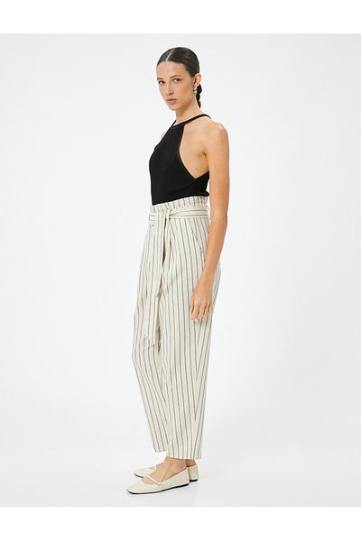 Koton High Waist Pocket Linen Blended Balloon Trousers - Belt Detailed