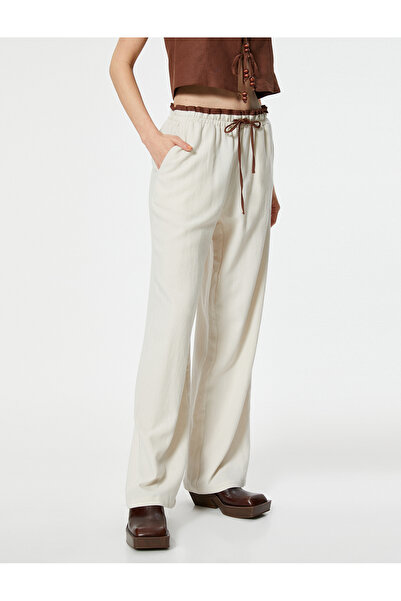 Koton Keten Pantolon Renk Kontrastlı Beli Bağlamalı Cepli
