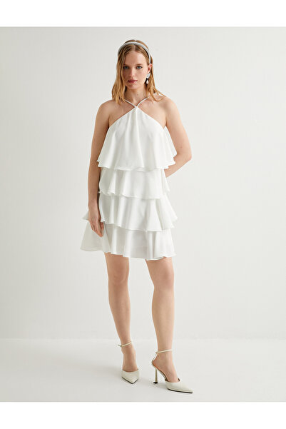 Koton Πολυεπίπεδο Νυφικό Μίνι Φόρεμα Λαιμόκοψη Πέτρα Λεπτομερής επένδυση