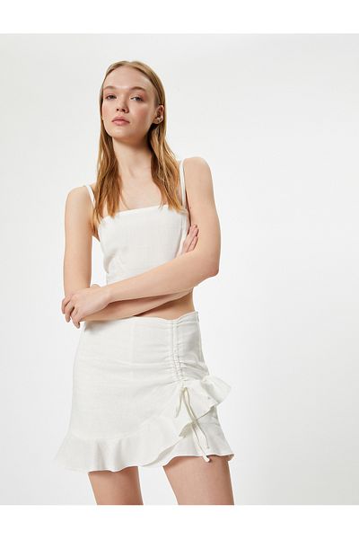 Koton Fustă mini slim fit din in, cu volane si detaliu fundita
