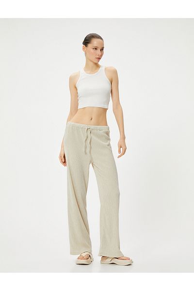 Koton Wide Leg Trousers Textured Comfortable Fit Waist Tie Viscous Fabric Blended Wrap