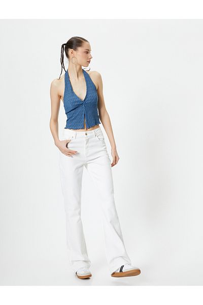 Koton Crop Top am Rücken, tiefer Ausschnitt, dicker Nackenträger, strukturierter tiefer V-Ausschnitt