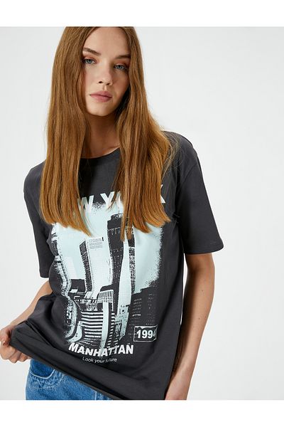 Koton Cotton Comfortable Short Sleeve Printed T-Shirt - Crew Neck