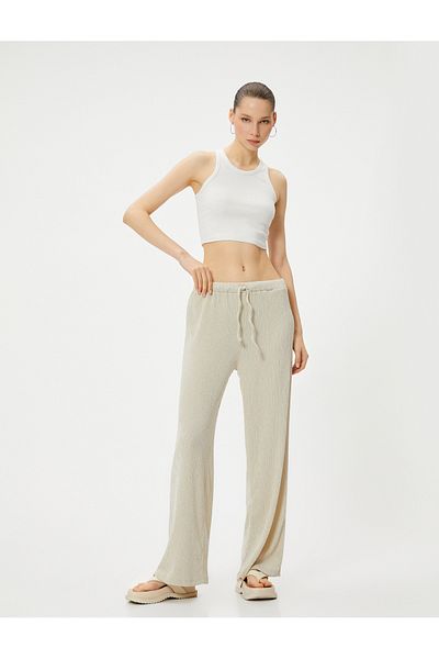 Koton Wide Leg Trousers Textured Comfortable Fit Waist Tie Viscous Fabric Blended Wrap