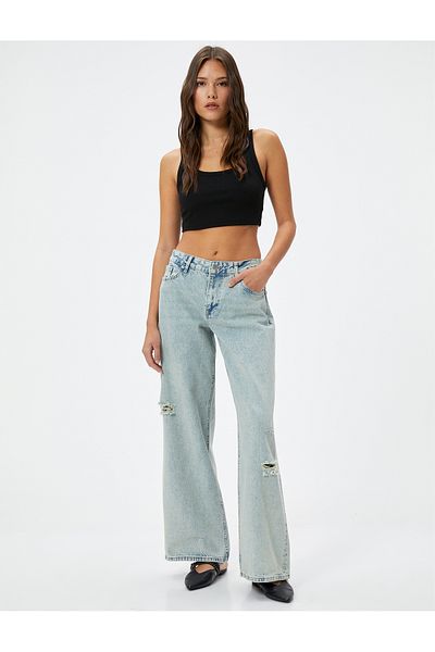 Koton Straight Wide Leg Low Waist Jeans Cotton with Frayed Pockets - Loose Straight Jeans