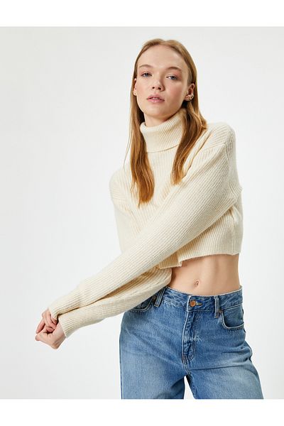 Koton Turtleneck Crop Knitwear Sweater - Long Sleeve, Acrylic Blended